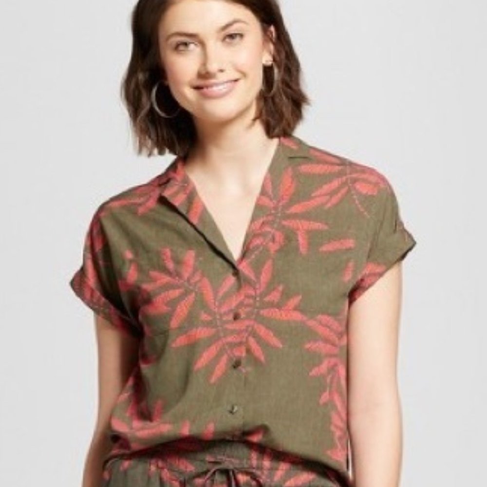 Olive Palm Leaf Print Button Up SS Top